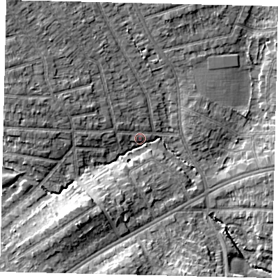 Shaded relief map of the ground around HA38HL, computed from Environment Agency LiDAR. The ground here sits at about 41 m above sea level and falls 12 m across the surrounding 800 m. Surface water reaching this point runs off ground lying to the south-west, 8.2 m higher.