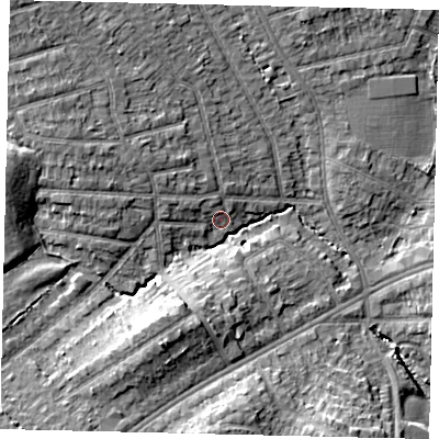 Shaded relief map of the ground around HA38HP, computed from Environment Agency LiDAR. The ground here sits at about 42 m above sea level and falls 11 m across the surrounding 800 m. Surface water reaching this point runs off ground lying to the west-north-west, 3.4 m higher.
