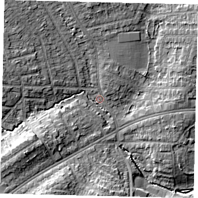 Shaded relief map of the ground around HA38TU, computed from Environment Agency LiDAR. The ground here sits at about 40 m above sea level and falls 12 m across the surrounding 800 m. Surface water reaching this point runs off ground lying to the south-west, 8.4 m higher.
