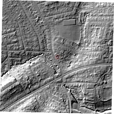 Shaded relief map of the ground around HA38TX, computed from Environment Agency LiDAR. The ground here sits at about 40 m above sea level and falls 12 m across the surrounding 800 m. Surface water reaching this point runs off ground lying to the north, 5.0 m higher.