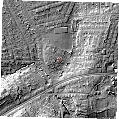 Shaded relief map of the ground around HA38TY, computed from Environment Agency LiDAR. The ground here sits at about 41 m above sea level and falls 11 m across the surrounding 800 m. Surface water reaching this point runs off ground lying to the north-north-west, 1.5 m higher.