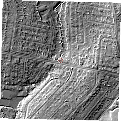 Shaded relief map of the ground around HA39NR, computed from Environment Agency LiDAR. The ground here sits at about 40 m above sea level and falls 11 m across the surrounding 800 m. Surface water reaching this point runs off ground lying to the north-east, 7.6 m higher.
