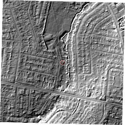Shaded relief map of the ground around HA39NS, computed from Environment Agency LiDAR. The ground here sits at about 40 m above sea level and falls 10 m across the surrounding 800 m. Surface water reaching this point runs off ground lying to the north-west, 6.9 m higher.