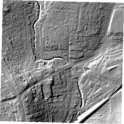 Shaded relief map of the ground around HA39PN, computed from Environment Agency LiDAR. The ground here sits at about 36 m above sea level and falls 21 m across the surrounding 800 m. Surface water reaching this point runs off ground lying to the south-west, 19.7 m higher.