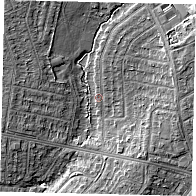Shaded relief map of the ground around HA39PR, computed from Environment Agency LiDAR. The ground here sits at about 40 m above sea level and falls 11 m across the surrounding 800 m. Surface water reaching this point runs off ground lying to the north-west, 6.8 m higher.