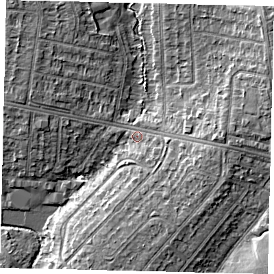 Shaded relief map of the ground around HA39RS, computed from Environment Agency LiDAR. The ground here sits at about 40 m above sea level and falls 10 m across the surrounding 800 m. Surface water reaching this point runs off ground lying to the east-south-east, 4.8 m higher.