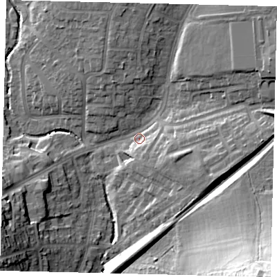 Shaded relief map of the ground around HA39TX, computed from Environment Agency LiDAR. The ground here sits at about 37 m above sea level and falls 32 m across the surrounding 800 m. Surface water reaching this point runs off ground lying to the north-east, 9.0 m higher.