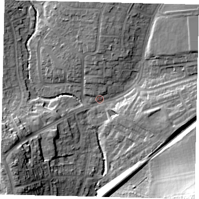 Shaded relief map of the ground around HA39TZ, computed from Environment Agency LiDAR. The ground here sits at about 36 m above sea level and falls 27 m across the surrounding 800 m. Surface water reaching this point runs off ground lying to the west-south-west, 19.7 m higher.
