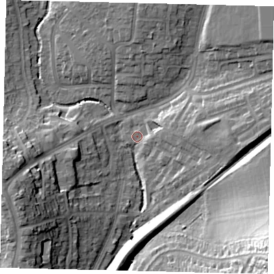 Shaded relief map of the ground around HA39UB, computed from Environment Agency LiDAR. The ground here sits at about 36 m above sea level and falls 30 m across the surrounding 800 m. Surface water reaching this point runs off ground lying to the east, 3.3 m higher.