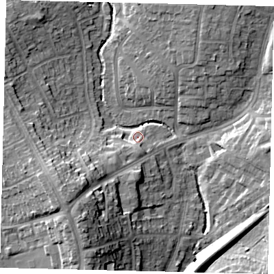 Shaded relief map of the ground around HA39UR, computed from Environment Agency LiDAR. The ground here sits at about 37 m above sea level and falls 21 m across the surrounding 800 m. Surface water reaching this point runs off ground lying to the south-west, 6.4 m higher.