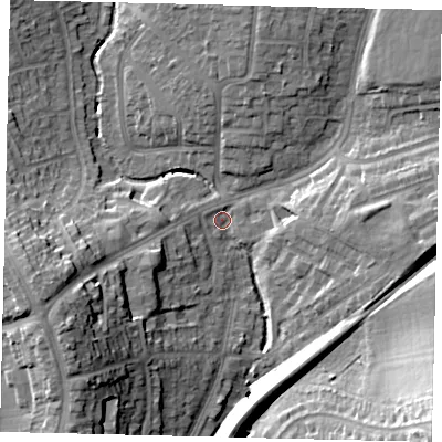 Shaded relief map of the ground around HA39UZ, computed from Environment Agency LiDAR. The ground here sits at about 35 m above sea level and falls 22 m across the surrounding 800 m. Surface water reaching this point runs off ground lying to the west-south-west, 19.8 m higher.