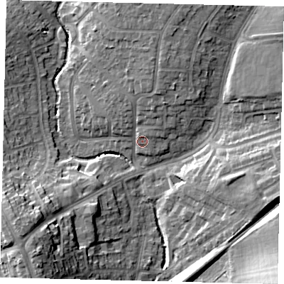 Shaded relief map of the ground around HA39XA, computed from Environment Agency LiDAR. The ground here sits at about 37 m above sea level and falls 20 m across the surrounding 800 m. Surface water reaching this point runs off ground lying to the north-north-east, 6.6 m higher.
