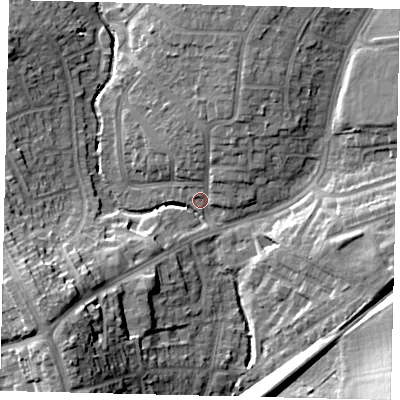 Shaded relief map of the ground around HA39XB, computed from Environment Agency LiDAR. The ground here sits at about 36 m above sea level and falls 20 m across the surrounding 800 m. Surface water reaching this point runs off ground lying to the west-south-west, 19.8 m higher.