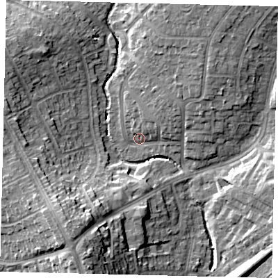 Shaded relief map of the ground around HA39XG, computed from Environment Agency LiDAR. The ground here sits at about 36 m above sea level and falls 20 m across the surrounding 800 m. Surface water reaching this point runs off ground lying to the south-west, 19.6 m higher.
