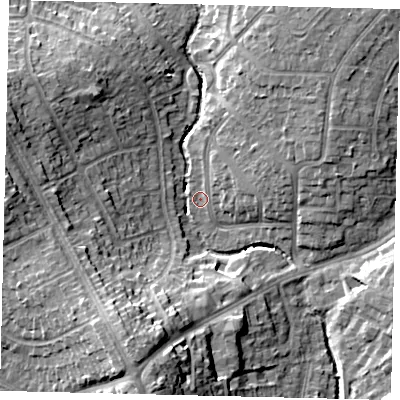 Shaded relief map of the ground around HA39XQ, computed from Environment Agency LiDAR. The ground here sits at about 35 m above sea level and falls 20 m across the surrounding 800 m. Surface water reaching this point runs off ground lying to the south-south-west, 19.8 m higher.