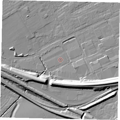 Shaded relief map of the ground around HA40AJ, computed from Environment Agency LiDAR. The ground here sits at about 35 m above sea level and falls 15 m across the surrounding 800 m. Surface water reaching this point runs off ground lying to the east-south-east, 12.7 m higher.