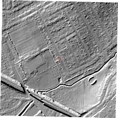 Shaded relief map of the ground around HA40DB, computed from Environment Agency LiDAR. The ground here sits at about 38 m above sea level and falls 10 m across the surrounding 800 m. Surface water reaching this point runs off ground lying to the north, 5.9 m higher.