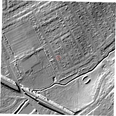 Shaded relief map of the ground around HA40DD, computed from Environment Agency LiDAR. The ground here sits at about 38 m above sea level and falls 10 m across the surrounding 800 m. Surface water reaching this point runs off ground lying to the north, 6.0 m higher.