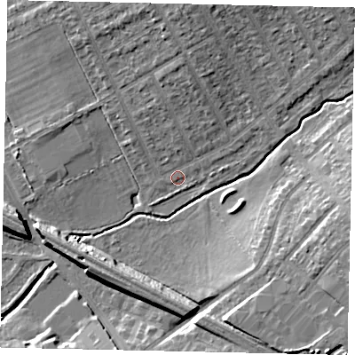Shaded relief map of the ground around HA40DE, computed from Environment Agency LiDAR. The ground here sits at about 37 m above sea level and falls 11 m across the surrounding 800 m. Surface water reaching this point runs off ground lying to the north, 5.5 m higher.