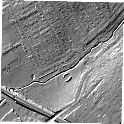 Shaded relief map of the ground around HA40DF, computed from Environment Agency LiDAR. The ground here sits at about 37 m above sea level and falls 10 m across the surrounding 800 m. Surface water reaching this point runs off ground lying to the north-north-west, 5.6 m higher.