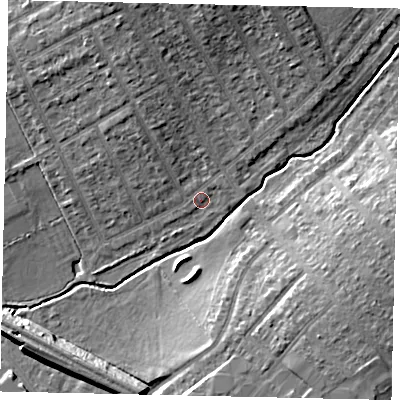 Shaded relief map of the ground around HA40DG, computed from Environment Agency LiDAR. The ground here sits at about 37 m above sea level and falls 10 m across the surrounding 800 m. Surface water reaching this point runs off ground lying to the north-north-west, 6.1 m higher.