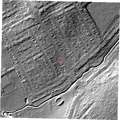 Shaded relief map of the ground around HA40DP, computed from Environment Agency LiDAR. The ground here sits at about 39 m above sea level and falls 11 m across the surrounding 800 m. Surface water reaching this point runs off ground lying to the north, 7.7 m higher.