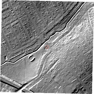 Shaded relief map of the ground around HA40DR, computed from Environment Agency LiDAR. The ground here sits at about 38 m above sea level and falls 10 m across the surrounding 800 m. Surface water reaching this point runs off ground lying to the south-east, 6.9 m higher.