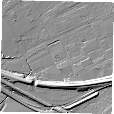 Shaded relief map of the ground around HA40EL, computed from Environment Agency LiDAR. The ground here sits at about 35 m above sea level and falls 15 m across the surrounding 800 m. The ground contributing surface water to this point lies to the west-south-west.