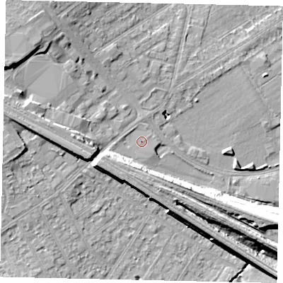 Shaded relief map of the ground around HA40HQ, computed from Environment Agency LiDAR. The ground here sits at about 37 m above sea level and falls 12 m across the surrounding 800 m. The ground contributing surface water to this point lies to the south-south-west.