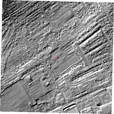 Shaded relief map of the ground around HA40HS, computed from Environment Agency LiDAR. The ground here sits at about 35 m above sea level and falls 8 m across the surrounding 800 m. Surface water reaching this point runs off ground lying to the north-west, 7.7 m higher.