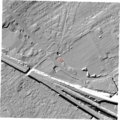Shaded relief map of the ground around HA40JE, computed from Environment Agency LiDAR. The ground here sits at about 36 m above sea level and falls 12 m across the surrounding 800 m. Surface water reaching this point runs off ground lying to the west-north-west, 1.3 m higher.
