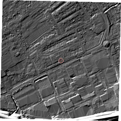 Shaded relief map of the ground around HA40JJ, computed from Environment Agency LiDAR. The ground here sits at about 35 m above sea level and falls 15 m across the surrounding 800 m. Surface water reaching this point runs off ground lying to the north-west, 0.7 m higher.