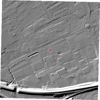 Shaded relief map of the ground around HA40JQ, computed from Environment Agency LiDAR. The ground here sits at about 35 m above sea level and falls 16 m across the surrounding 800 m. Surface water reaching this point runs off ground lying to the south-east, 14.2 m higher.