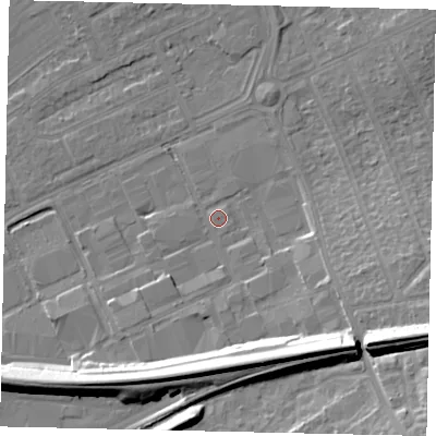 Shaded relief map of the ground around HA40JS, computed from Environment Agency LiDAR. The ground here sits at about 36 m above sea level and falls 16 m across the surrounding 800 m. Surface water reaching this point runs off ground lying to the east-south-east, 5.0 m higher.