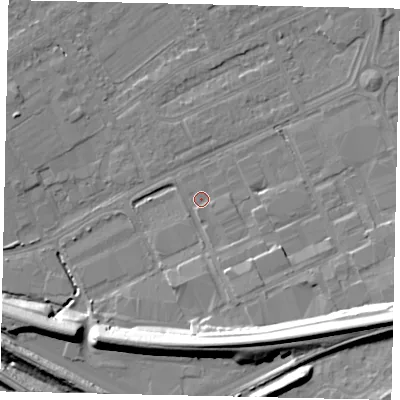 Shaded relief map of the ground around HA40LJ, computed from Environment Agency LiDAR. The ground here sits at about 35 m above sea level and falls 15 m across the surrounding 800 m. Surface water reaching this point runs off ground lying to the south-south-east, 1.7 m higher.