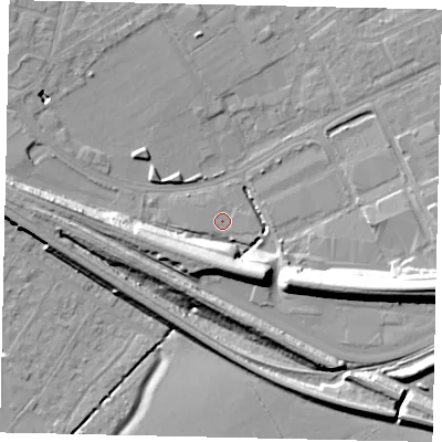Shaded relief map of the ground around HA40LN, computed from Environment Agency LiDAR. The ground here sits at about 34 m above sea level and falls 14 m across the surrounding 800 m. Surface water reaching this point runs off ground lying to the east-south-east, 13.5 m higher.