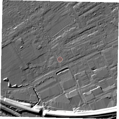 Shaded relief map of the ground around HA40LP, computed from Environment Agency LiDAR. The ground here sits at about 35 m above sea level and falls 15 m across the surrounding 800 m. Surface water reaching this point runs off ground lying to the north-east, 1.0 m higher.