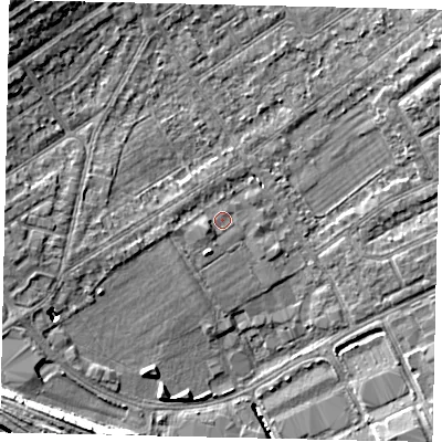 Shaded relief map of the ground around HA40LR, computed from Environment Agency LiDAR. The ground here sits at about 36 m above sea level and falls 10 m across the surrounding 800 m. Surface water reaching this point runs off ground lying to the west-south-west, 1.5 m higher.