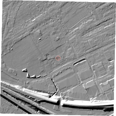 Shaded relief map of the ground around HA40LS, computed from Environment Agency LiDAR. The ground here sits at about 34 m above sea level and falls 14 m across the surrounding 800 m. Surface water reaching this point runs off ground lying to the south-east, 13.7 m higher.