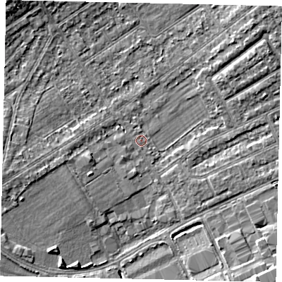 Shaded relief map of the ground around HA40LT, computed from Environment Agency LiDAR. The ground here sits at about 35 m above sea level and falls 8 m across the surrounding 800 m. Surface water reaching this point runs off ground lying to the west-south-west, 3.4 m higher.