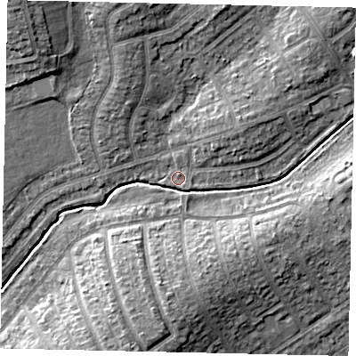 Shaded relief map of the ground around HA40NP, computed from Environment Agency LiDAR. The ground here sits at about 38 m above sea level and falls 11 m across the surrounding 800 m. Surface water reaching this point runs off ground lying to the north-north-west, 6.4 m higher.