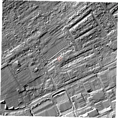 Shaded relief map of the ground around HA40PA, computed from Environment Agency LiDAR. The ground here sits at about 35 m above sea level and falls 6 m across the surrounding 800 m. Surface water reaching this point runs off ground lying to the north-north-east, 4.0 m higher.