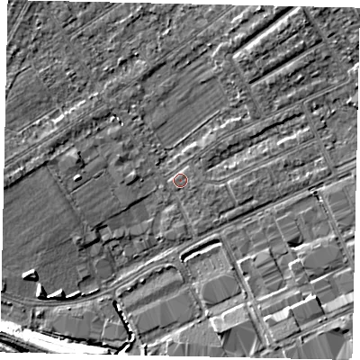Shaded relief map of the ground around HA40PB, computed from Environment Agency LiDAR. The ground here sits at about 35 m above sea level and falls 10 m across the surrounding 800 m. Surface water reaching this point runs off ground lying to the north-east, 3.6 m higher.