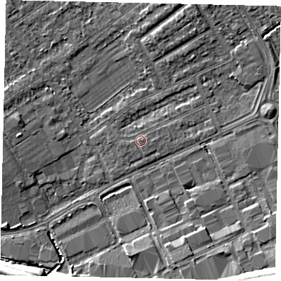 Shaded relief map of the ground around HA40PD, computed from Environment Agency LiDAR. The ground here sits at about 35 m above sea level and falls 15 m across the surrounding 800 m. Surface water reaching this point runs off ground lying to the east, 0.6 m higher.