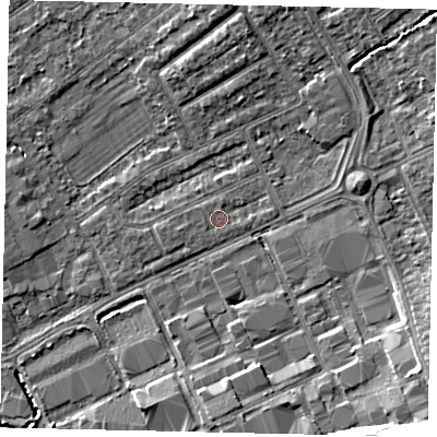 Shaded relief map of the ground around HA40PE, computed from Environment Agency LiDAR. The ground here sits at about 35 m above sea level and falls 16 m across the surrounding 800 m. The ground contributing surface water to this point lies to the north-north-west.