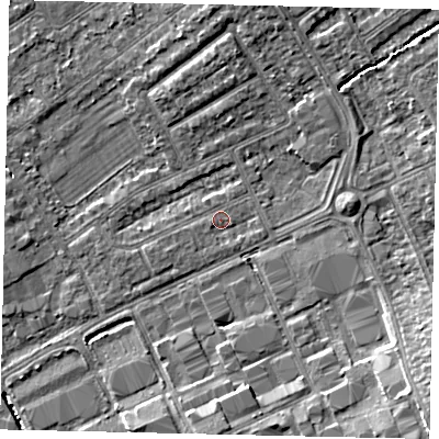 Shaded relief map of the ground around HA40PF, computed from Environment Agency LiDAR. The ground here sits at about 35 m above sea level and falls 8 m across the surrounding 800 m. The ground contributing surface water to this point lies to the west-south-west.