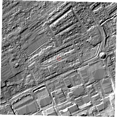 Shaded relief map of the ground around HA40PG, computed from Environment Agency LiDAR. The ground here sits at about 35 m above sea level and falls 6 m across the surrounding 800 m. Surface water reaching this point runs off ground lying to the north-north-east, 4.0 m higher.