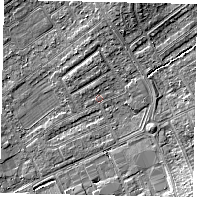 Shaded relief map of the ground around HA40PH, computed from Environment Agency LiDAR. The ground here sits at about 36 m above sea level and falls 7 m across the surrounding 800 m. Surface water reaching this point runs off ground lying to the north, 3.9 m higher.