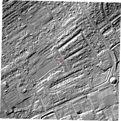 Shaded relief map of the ground around HA40PJ, computed from Environment Agency LiDAR. The ground here sits at about 36 m above sea level and falls 7 m across the surrounding 800 m. Surface water reaching this point runs off ground lying to the north-east, 2.2 m higher.