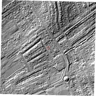 Shaded relief map of the ground around HA40PN, computed from Environment Agency LiDAR. The ground here sits at about 37 m above sea level and falls 9 m across the surrounding 800 m. Surface water reaching this point runs off ground lying to the north, 2.5 m higher.